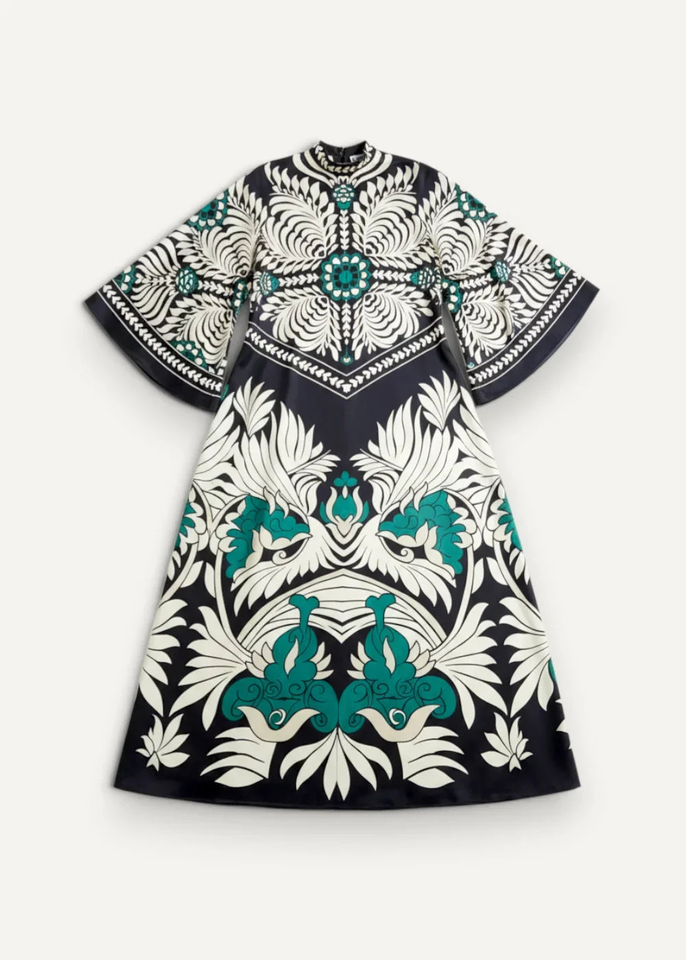 Kimono dress for women featuring black white and teal floral and geometric patterns with intricate designs