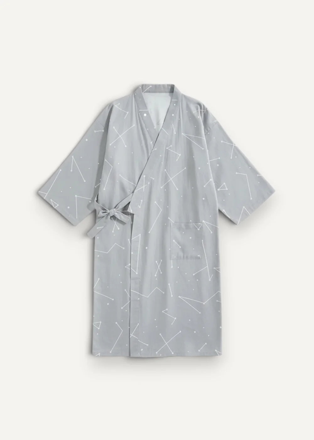 A light gray cotton kimono dressing gown with a subtle white constellation pattern and matching tie belt