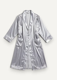 Silver satin kimono dressing gown with subtle geometric pattern and matching trim for elegant loungewear