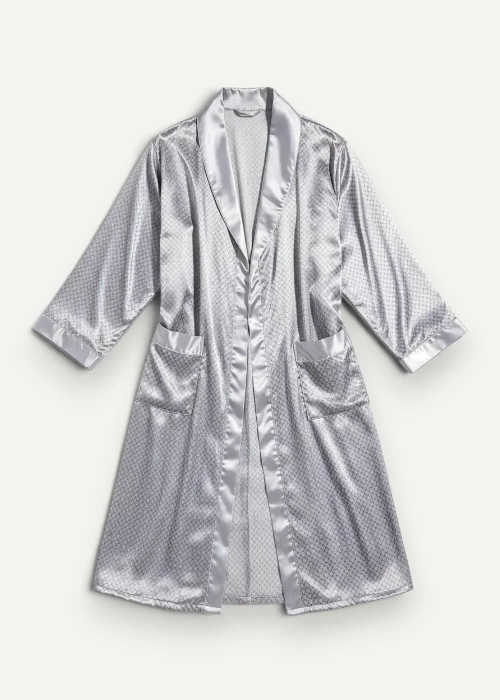 Silver satin kimono dressing gown with subtle geometric pattern and matching trim for elegant loungewear