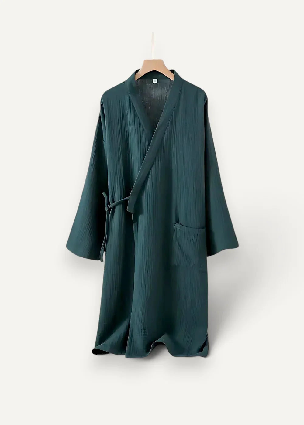 Kimono dressing robe in dark teal textured cotton with traditional wrap design and matching belt