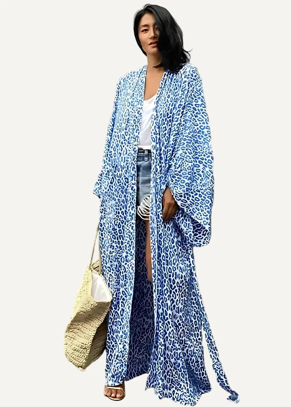 Blue leopard print kimono duster with flowing loose fitting sleeves and v neckline for stylish layering
