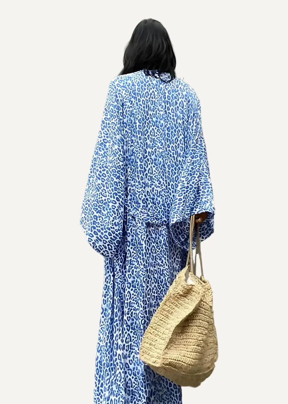 Kimono duster flowing blue leopard print maxi dress with wide sleeves and relaxed fit