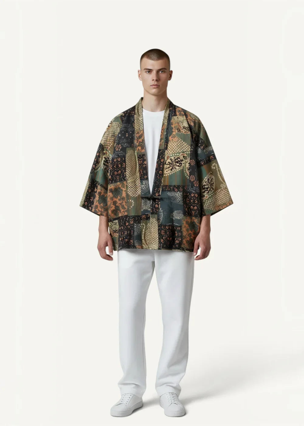 A man wearing a patchwork earth-toned kimono haori jacket with intricate floral and geometric designs