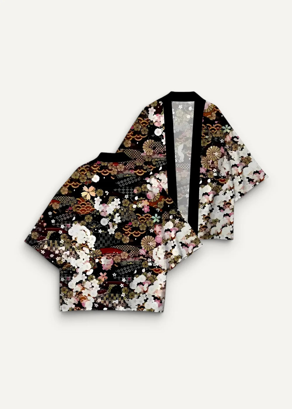 Black kimono haori traditional with intricate white pink gold and red floral and wave patterns visible from back side