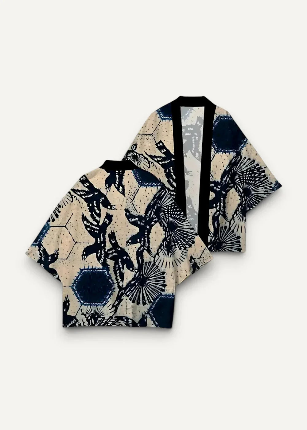 A cream-colored kimono haori traditional with bold black and navy blue bird fan and hexagon patterns