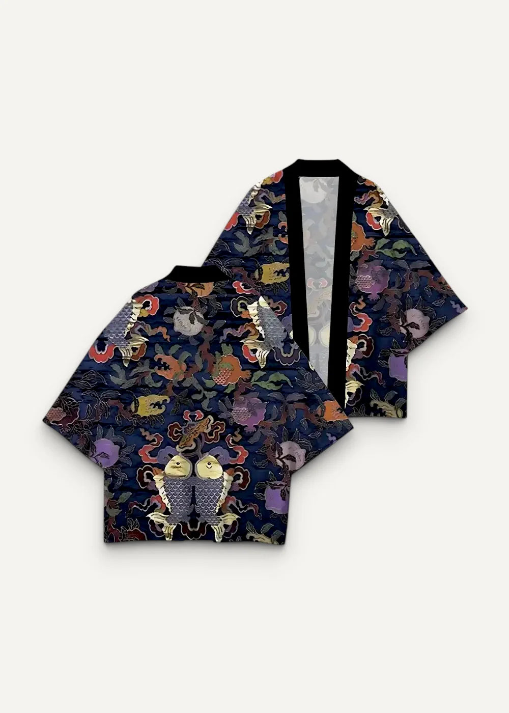 Dark blue kimono haori traditional with intricate colorful fish and floral patterns on fabric