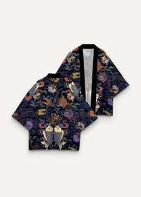 Dark blue kimono haori traditional with intricate colorful fish and floral patterns on fabric