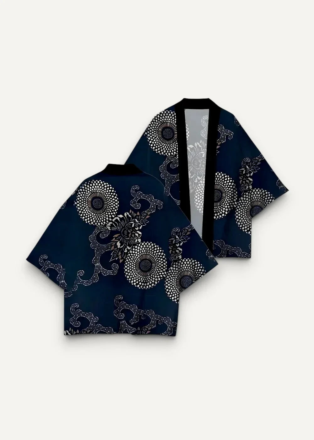 Dark blue kimono haori traditional with intricate white and silver floral patterns on silk fabric visible from the back