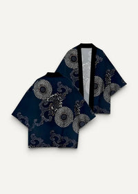 Dark blue kimono haori traditional with intricate white and silver floral patterns on silk fabric visible from the back