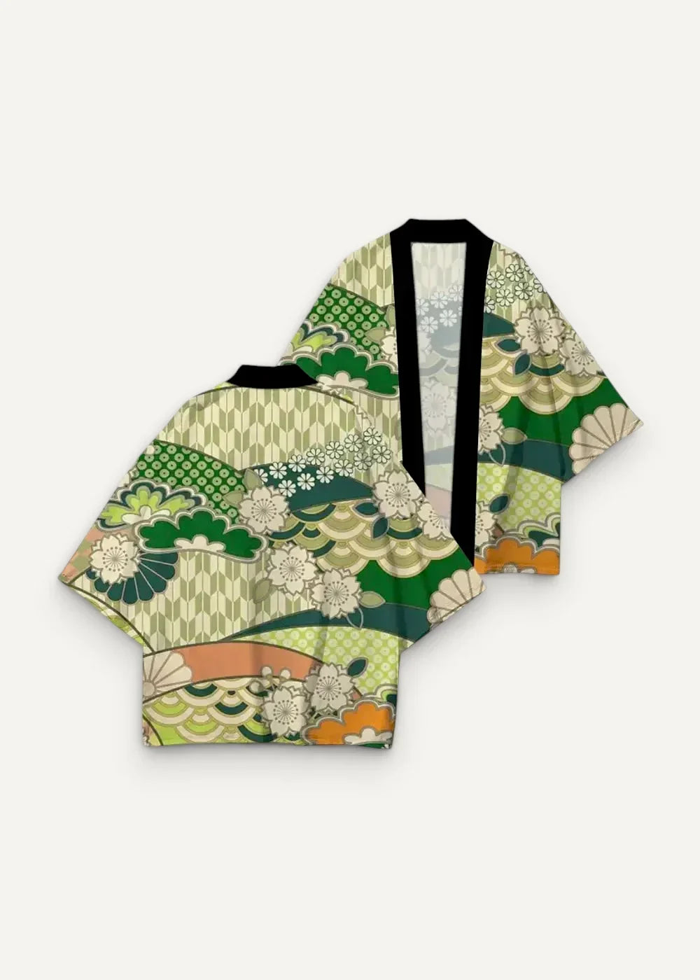 Kimono haori traditional with vibrant green cream and orange floral and wave pattern in traditional japanese fabric