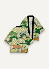 Kimono haori traditional with vibrant green cream and orange floral and wave pattern in traditional japanese fabric