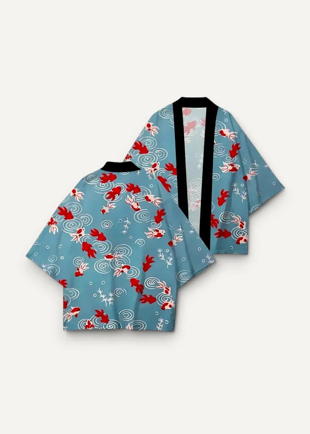 Light blue kimono haori traditional with red and white koi fish and black trim on collar and front opening