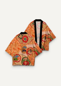 Orange floral-patterned kimono haori with black trim featuring traditional japanese design elements