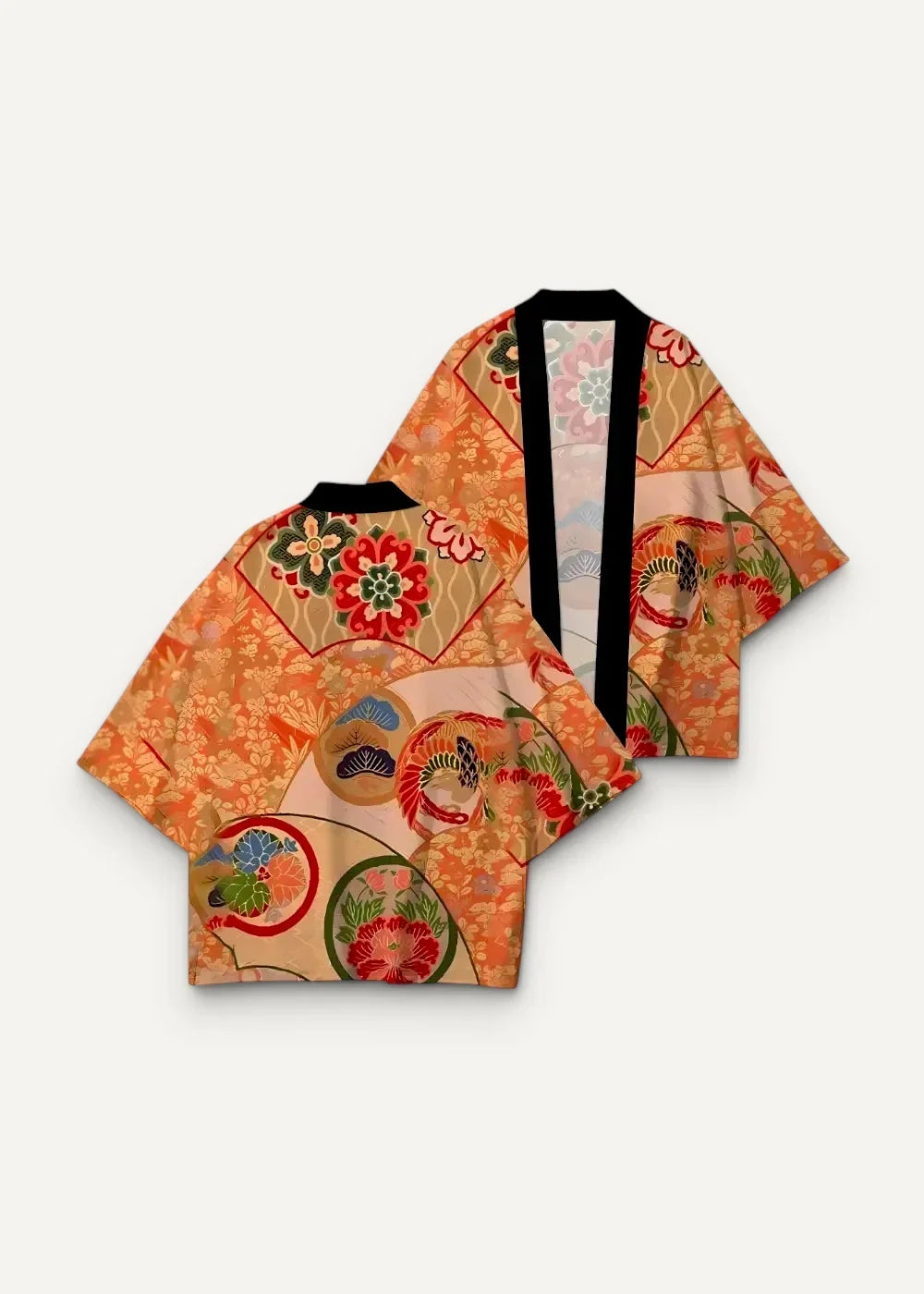 Orange floral-patterned kimono haori with black trim featuring traditional japanese design elements