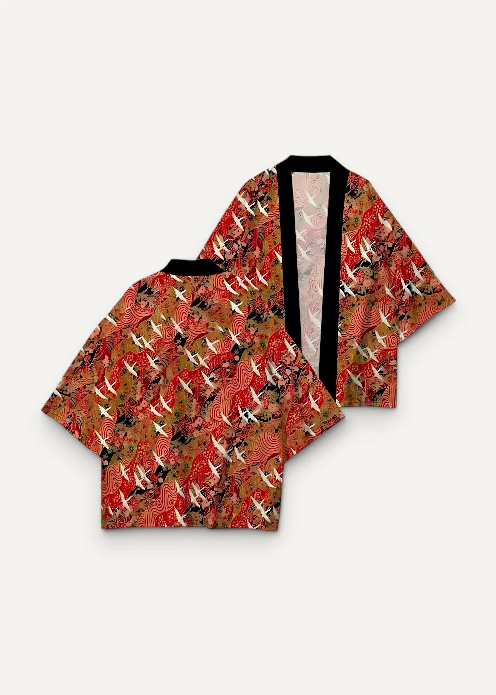 Kimono haori traditional in vibrant red and gold with white crane pattern and black trim along collar and front opening