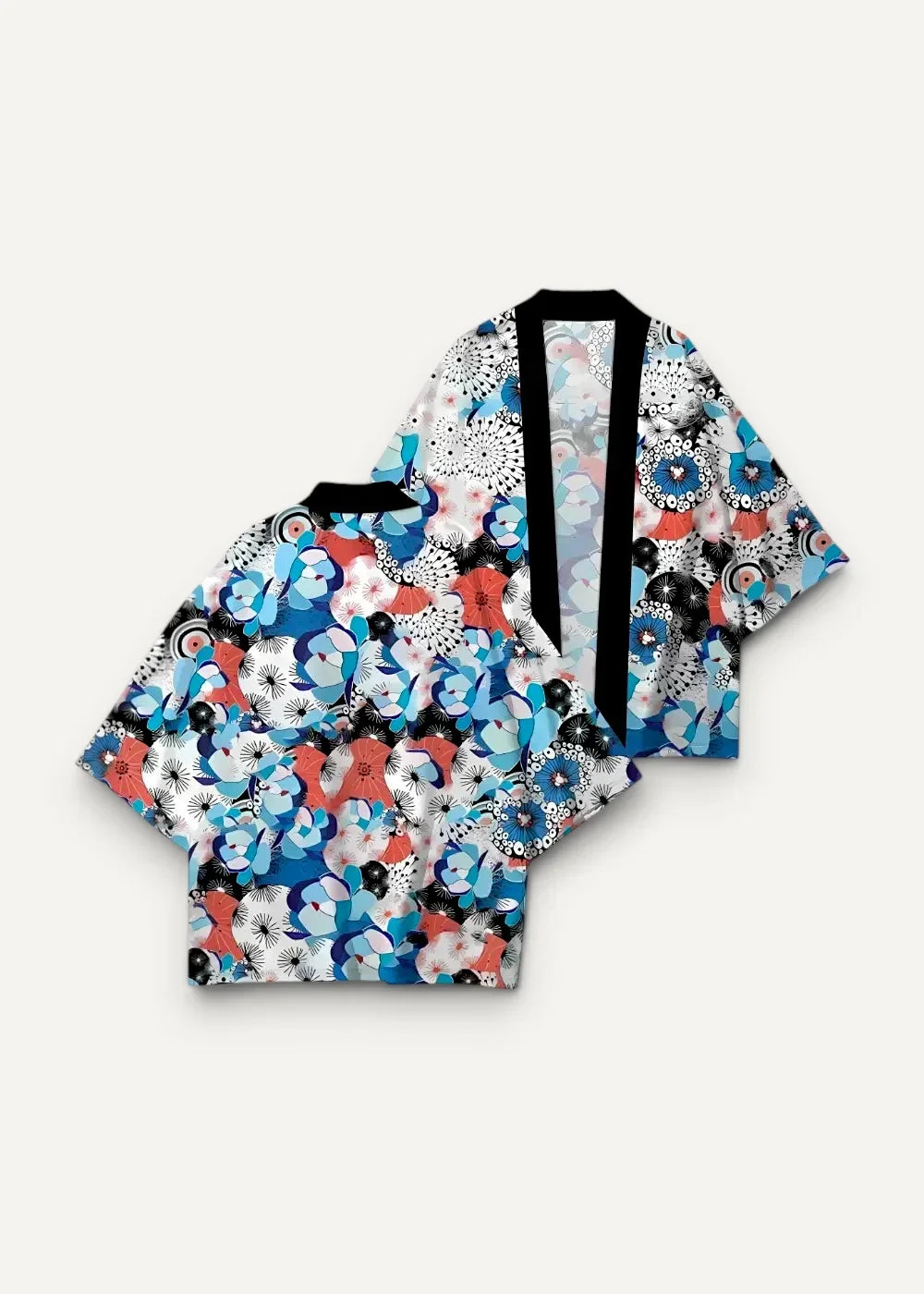 Kimono haori traditional short-sleeved kimono with bold blue red white abstract floral pattern and black accents