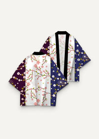Kimono haori traditional with vibrant patchwork design featuring pink cherry blossoms on white purple and navy panels