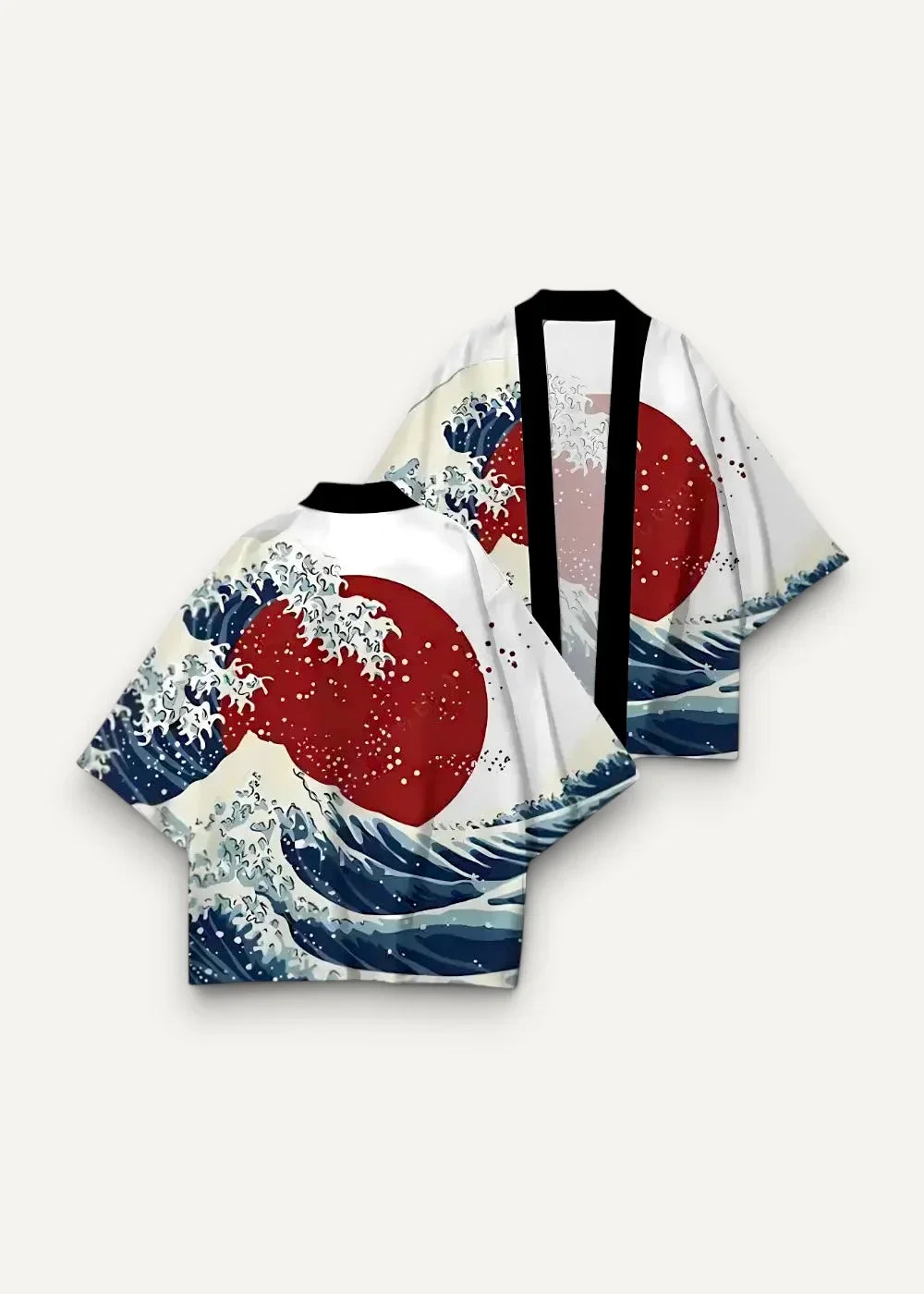 White kimono haori traditional with bold red sun and deep blue ocean waves print and black trim on collar and sleeves