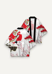 White kimono haori traditional with red and gold crane motifs pink cherry blossoms and black trim featuring japanese design elements