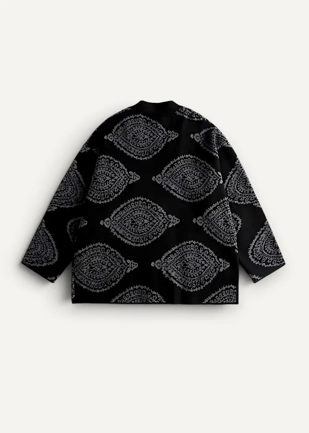 Black long-sleeved kimono jacket with intricate silver paisley patterns showcasing traditional design