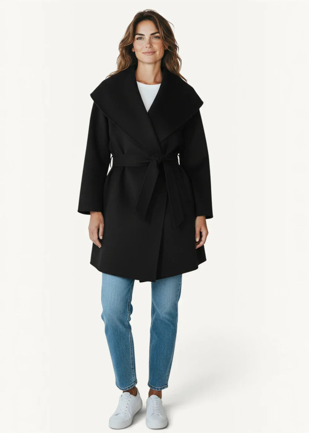 Black wool kimono jacket winter coat with wide collar and belted waist for cold weather wear