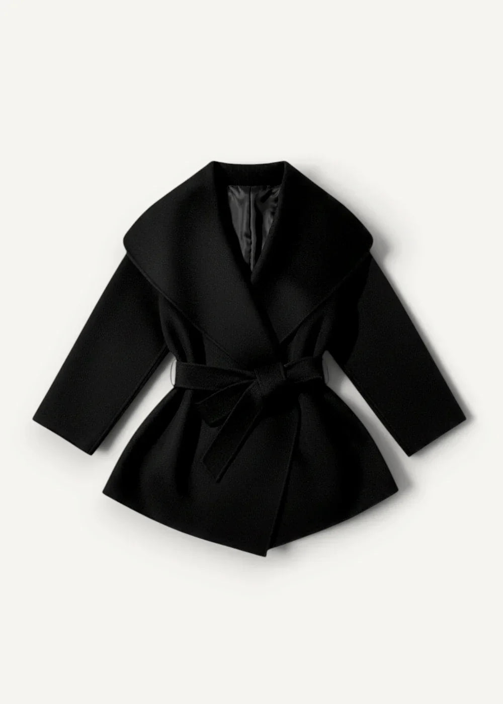Black wool kimono jacket winter coat with wide collar and matching belt for cold weather wear