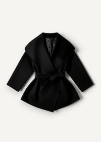 Black wool kimono jacket winter coat with wide collar and matching belt for cold weather wear