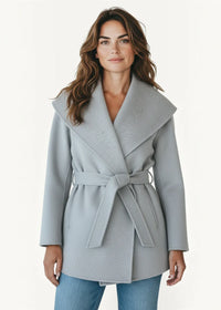A light gray wool kimono jacket with a wide collar and matching belt tied at the waist for winter wear