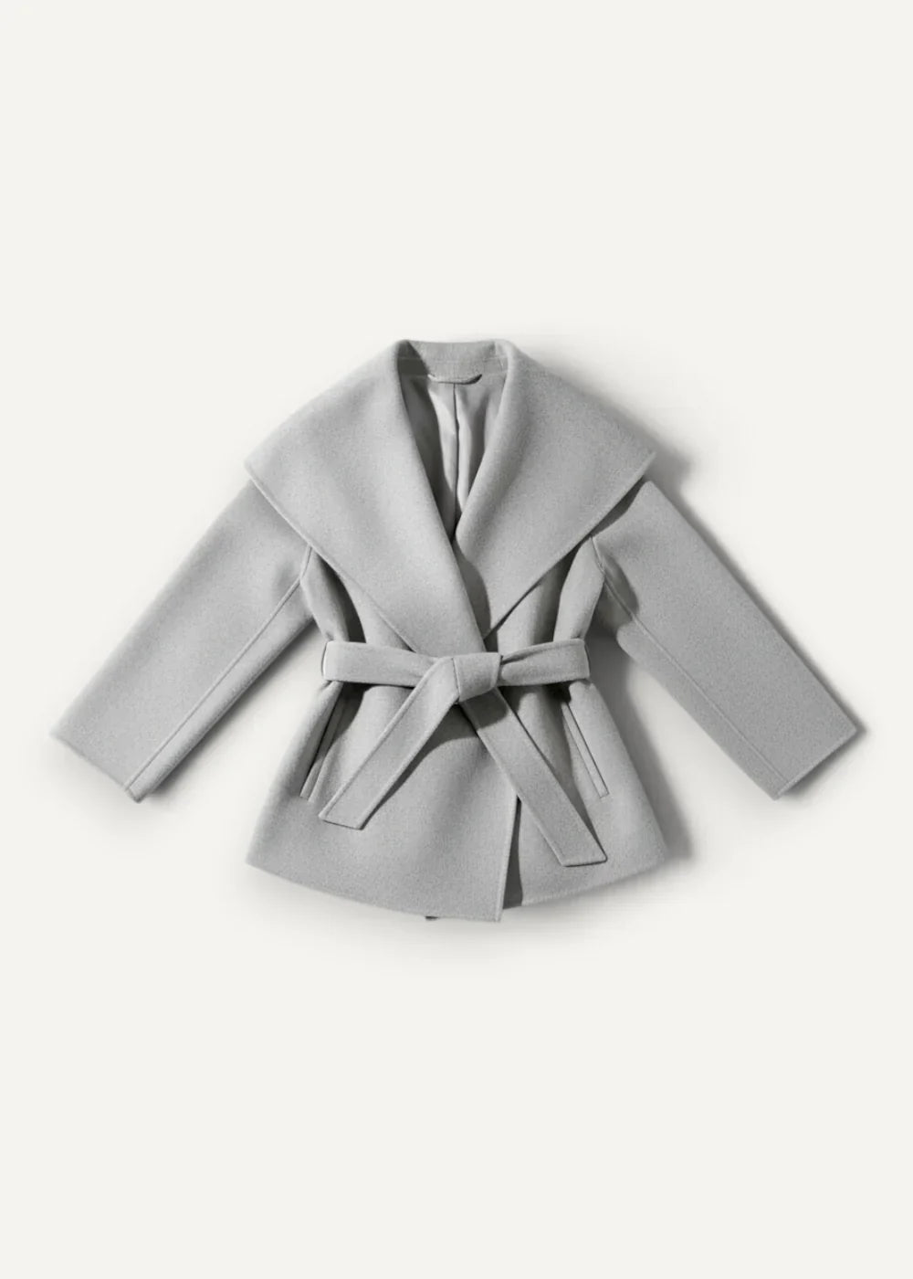 A sleek light gray wool kimono jacket winter coat with a wide collar and matching belt tied at the waist