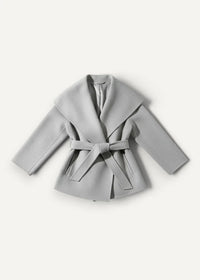 A sleek light gray wool kimono jacket winter coat with a wide collar and matching belt tied at the waist