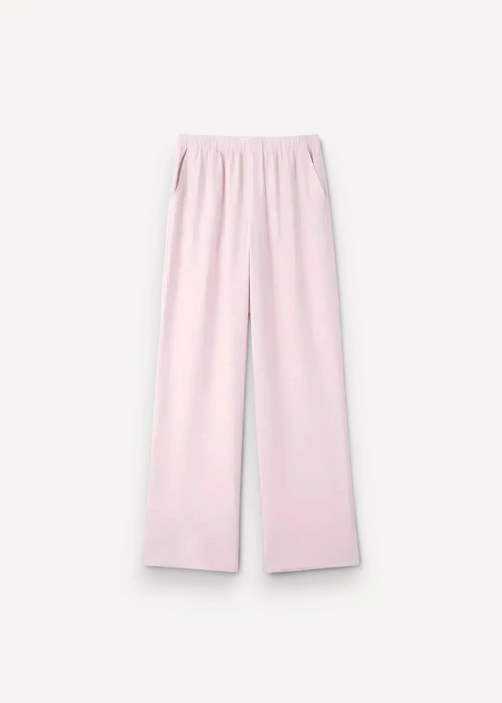 Soft blush pink kimono linen set with wide-leg trousers featuring a relaxed elastic waistband and straight legs