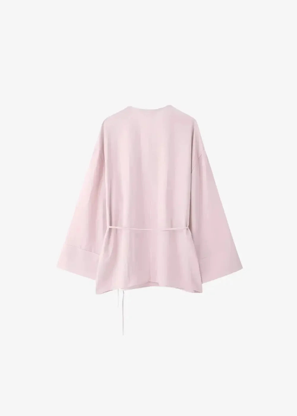 Soft pink kimono linen set blouse with wide sleeves and drawstring waist made of breathable fabric