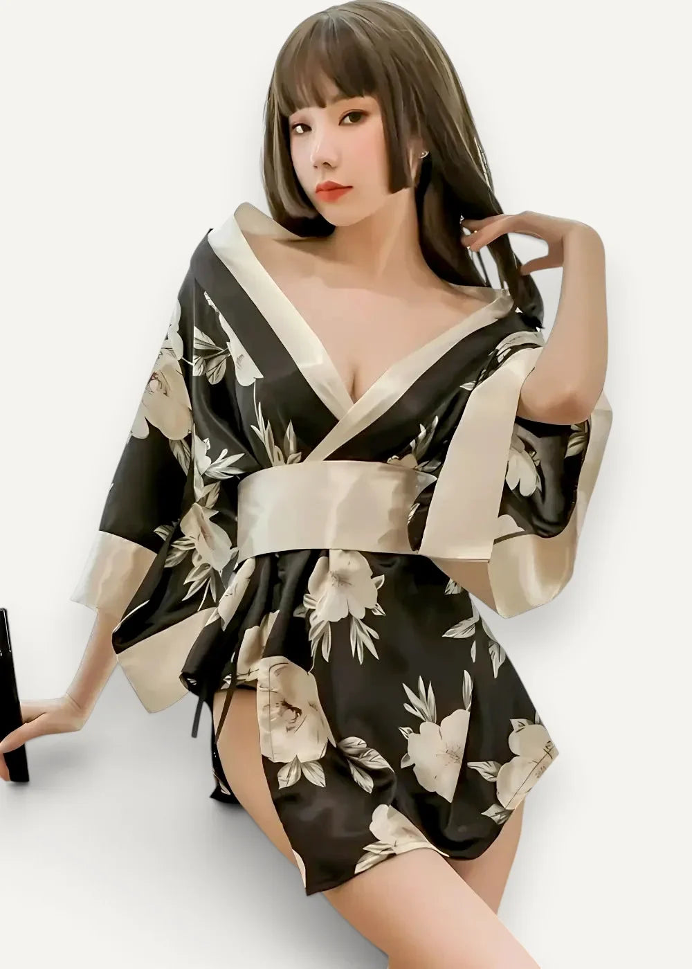 Black silk kimono lingerie robe with cream floral pattern and matching sash for elegant loungewear use