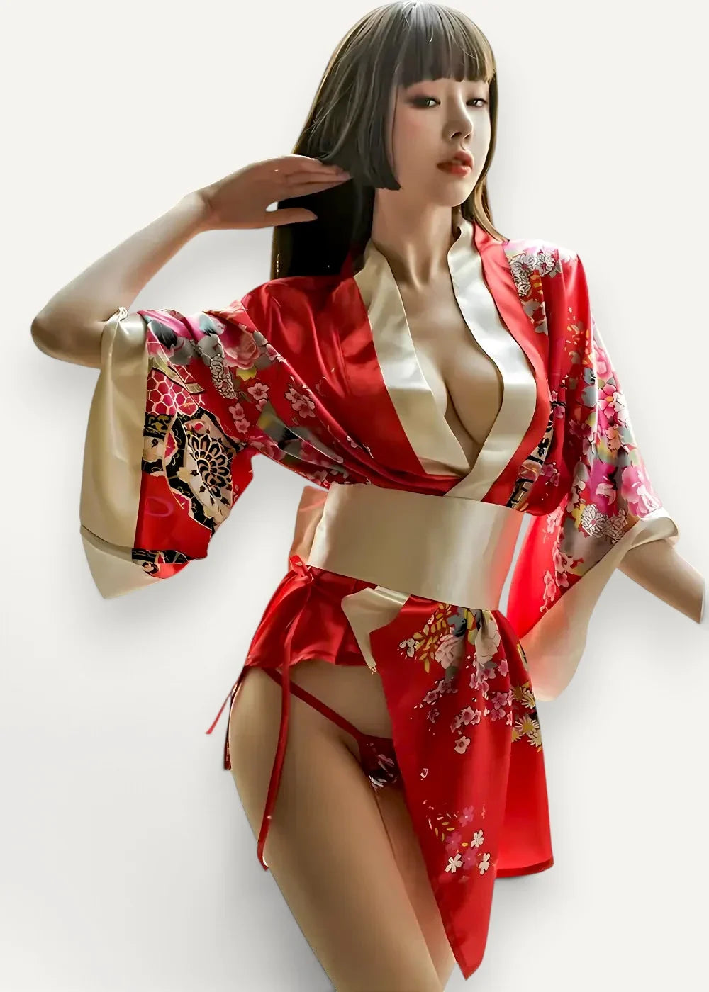 A vibrant red satin kimono lingerie with intricate floral and japanese motifs accented by cream trim and wide obi belt