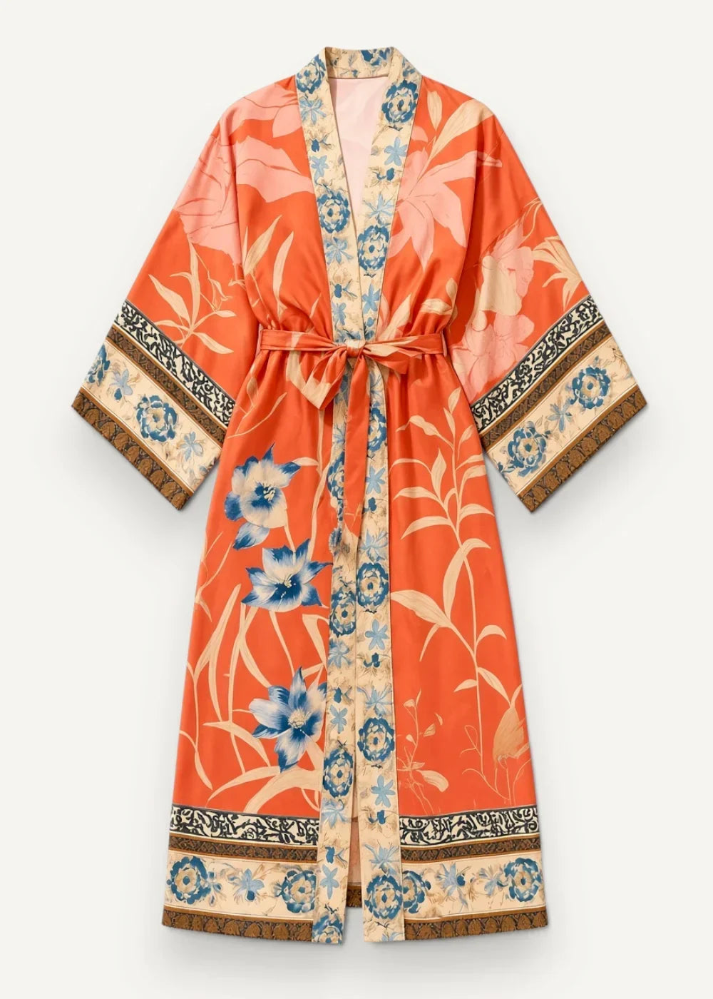 A vibrant orange kimono long cover up with blue and cream floral pattern and decorative sleeve and hem borders