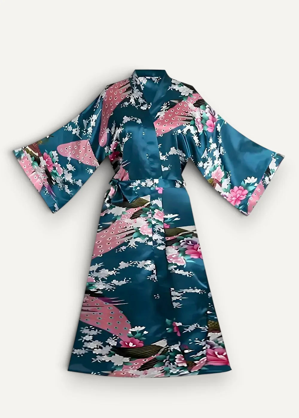 Teal kimono long satin robe with pink and white peacock floral pattern elegant and smooth fabric design