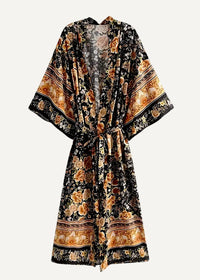 Black floral kimono midi dress with gold and beige blossoms matching belt and decorative borders