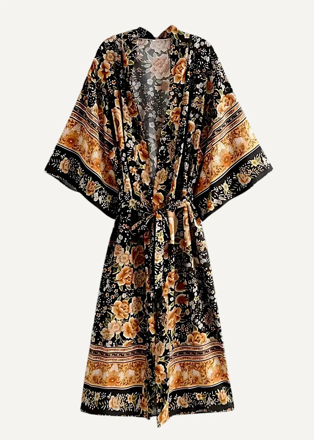 Black floral kimono midi dress with gold and beige blossoms matching belt and decorative borders