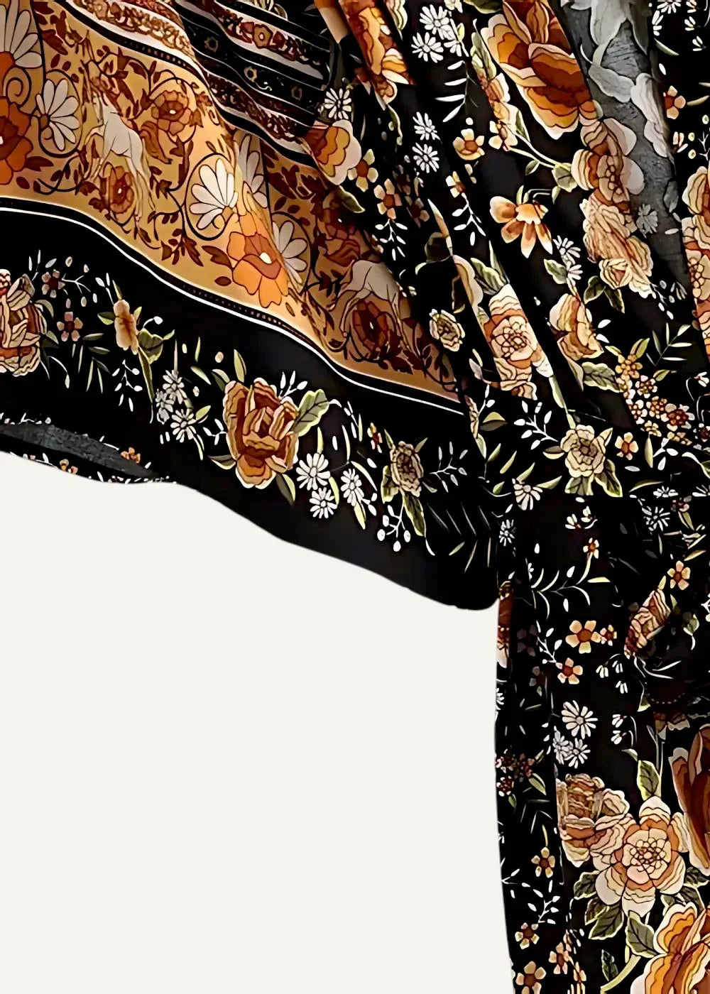 Close-up of the kimono midi dress print, black with warm orange, cream and white florals