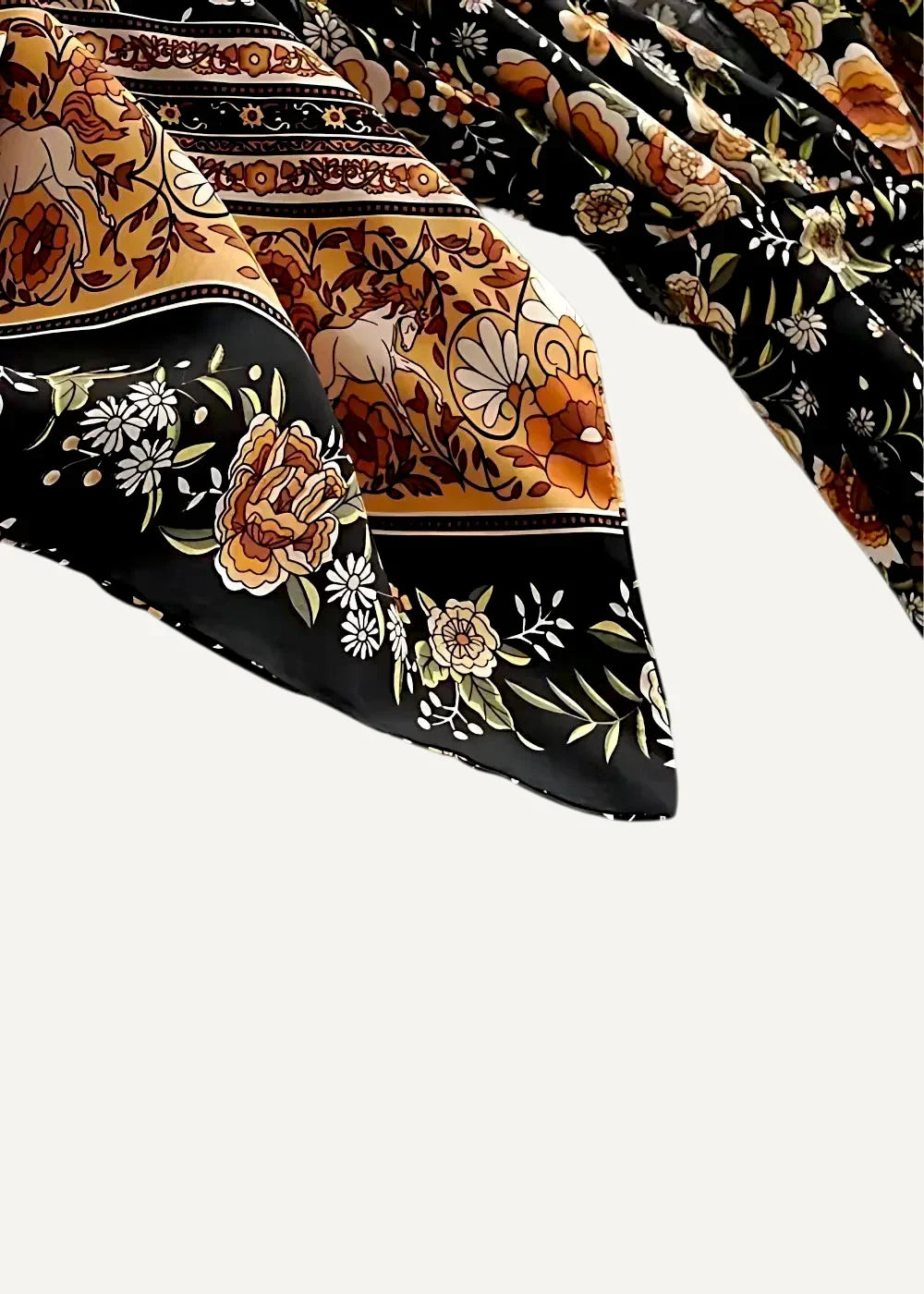 Black silk kimono midi dress with intricate warm orange brown and white floral and animal motifs