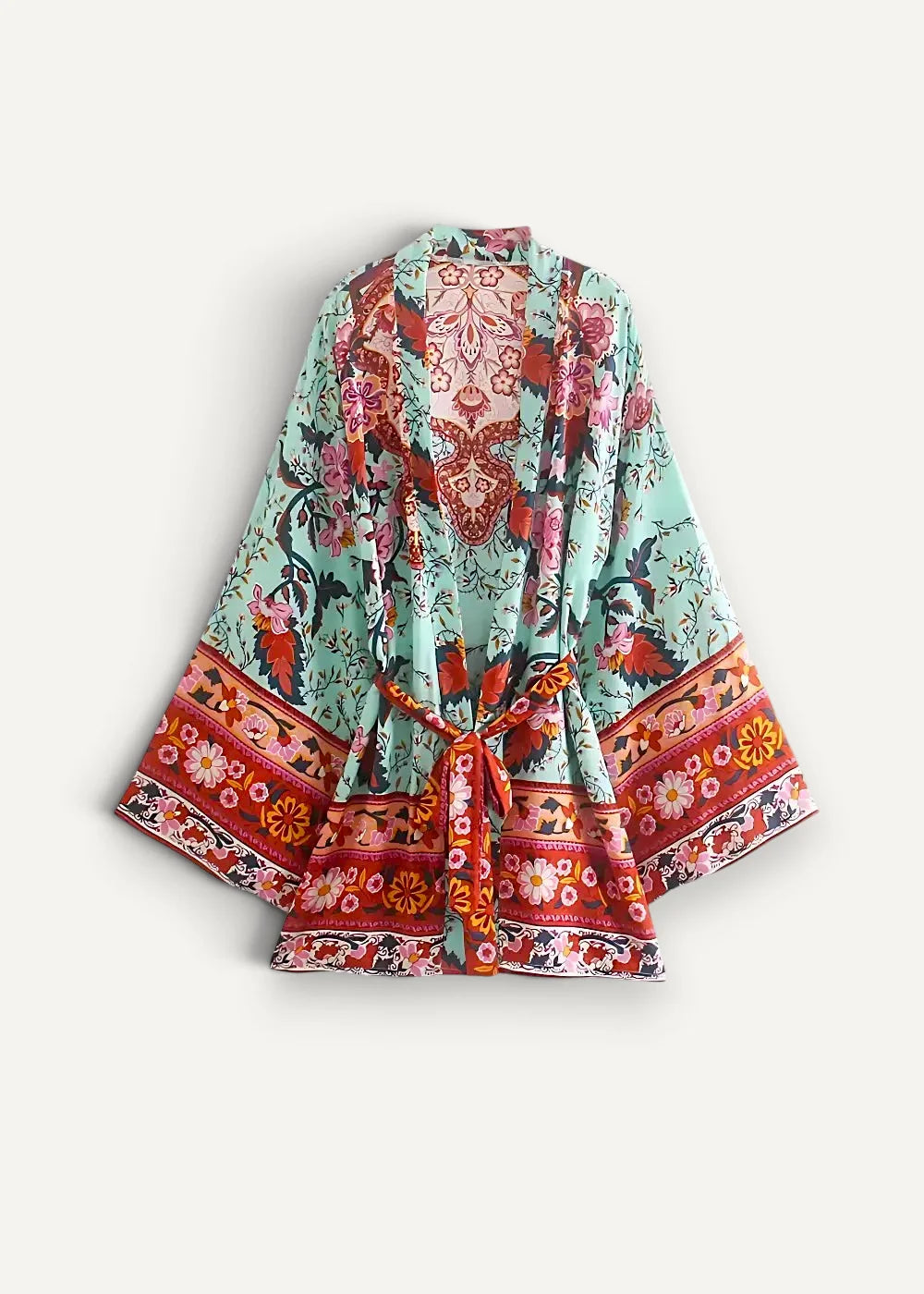 Kimono mini dress with vibrant mint green and red floral print and decorative belt tied at the waist