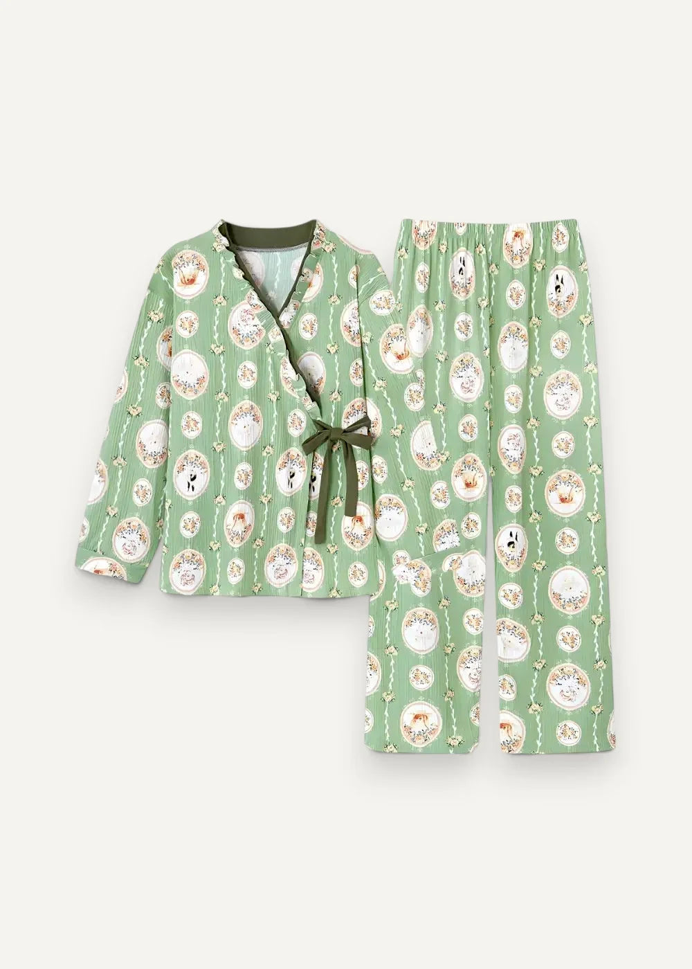 Soft mint green kimono pajama set women with wrap top, olive tie, and whimsical cartoon character pattern
