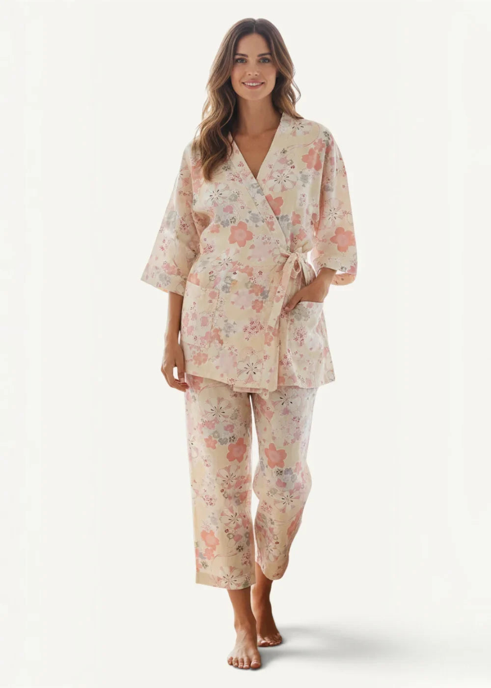 Kimono pajamas women’s soft cream-colored floral set with delicate pink and muted blue blossoms for comfortable sleepwear