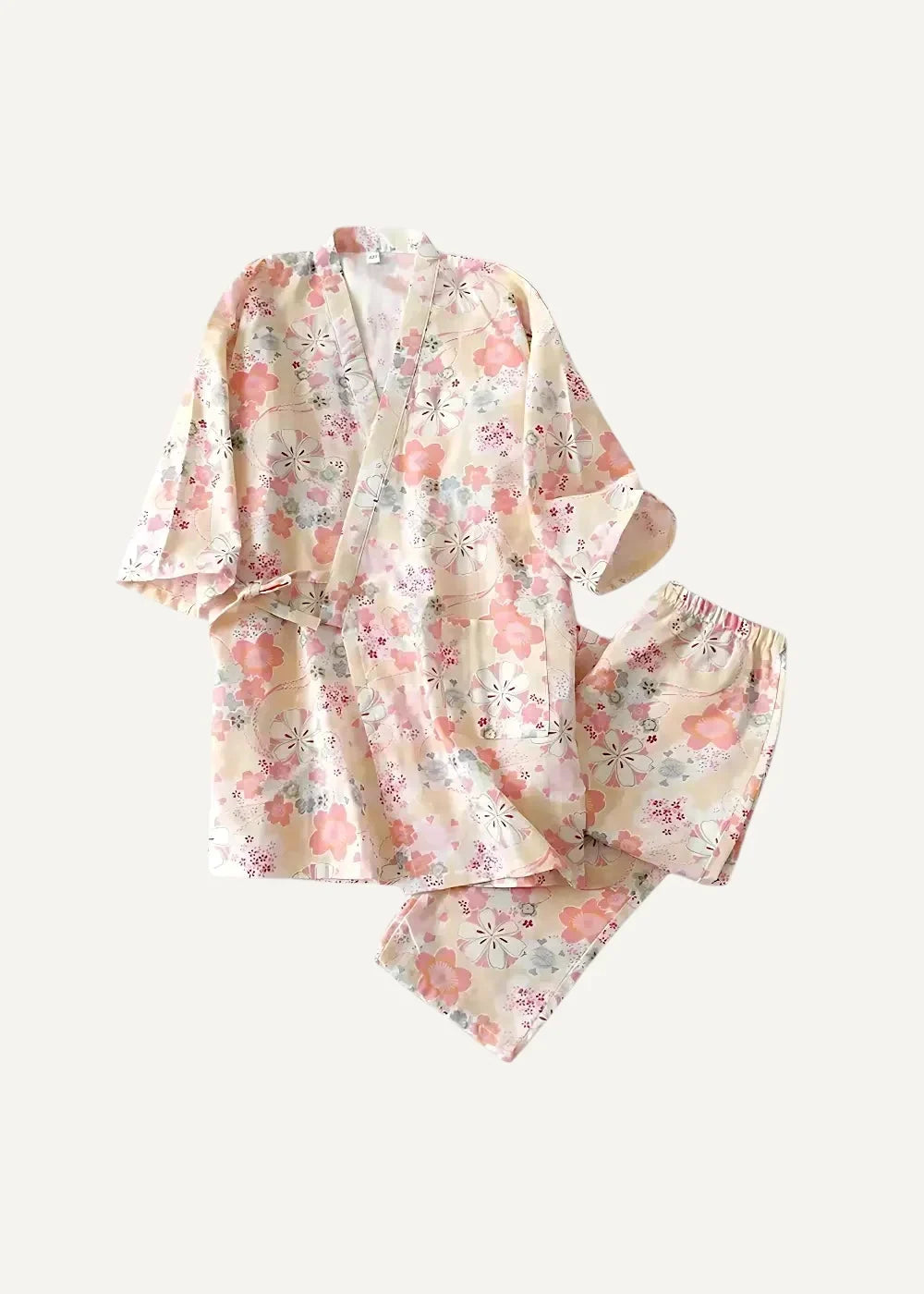 Kimono pajamas women’s set featuring soft pastel floral print with pink and lavender blossoms on cream fabric