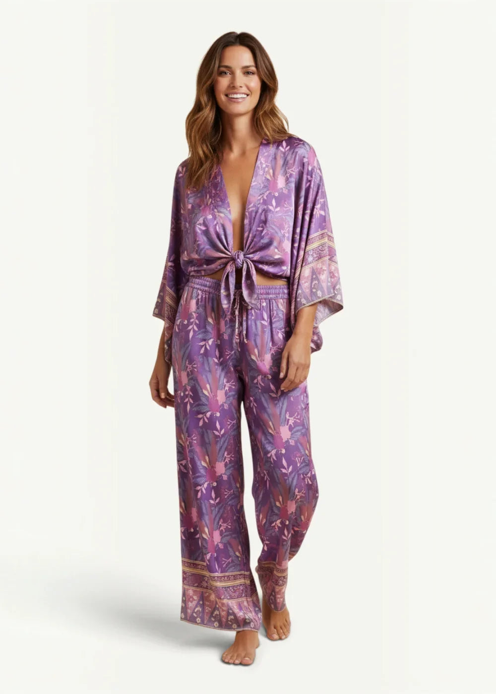 Purple floral printed satin kimono pants set with wide-leg pants and tied waist top for comfortable loungewear