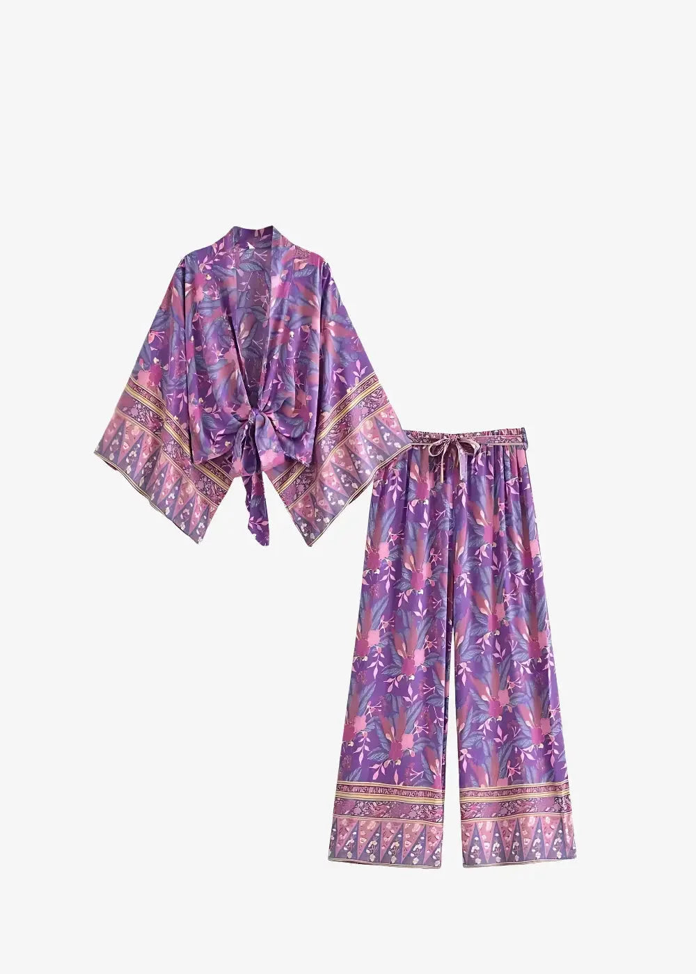 Purple and pink floral silk kimono pants set with wide sleeves and high waisted wide leg pants with decorative borders