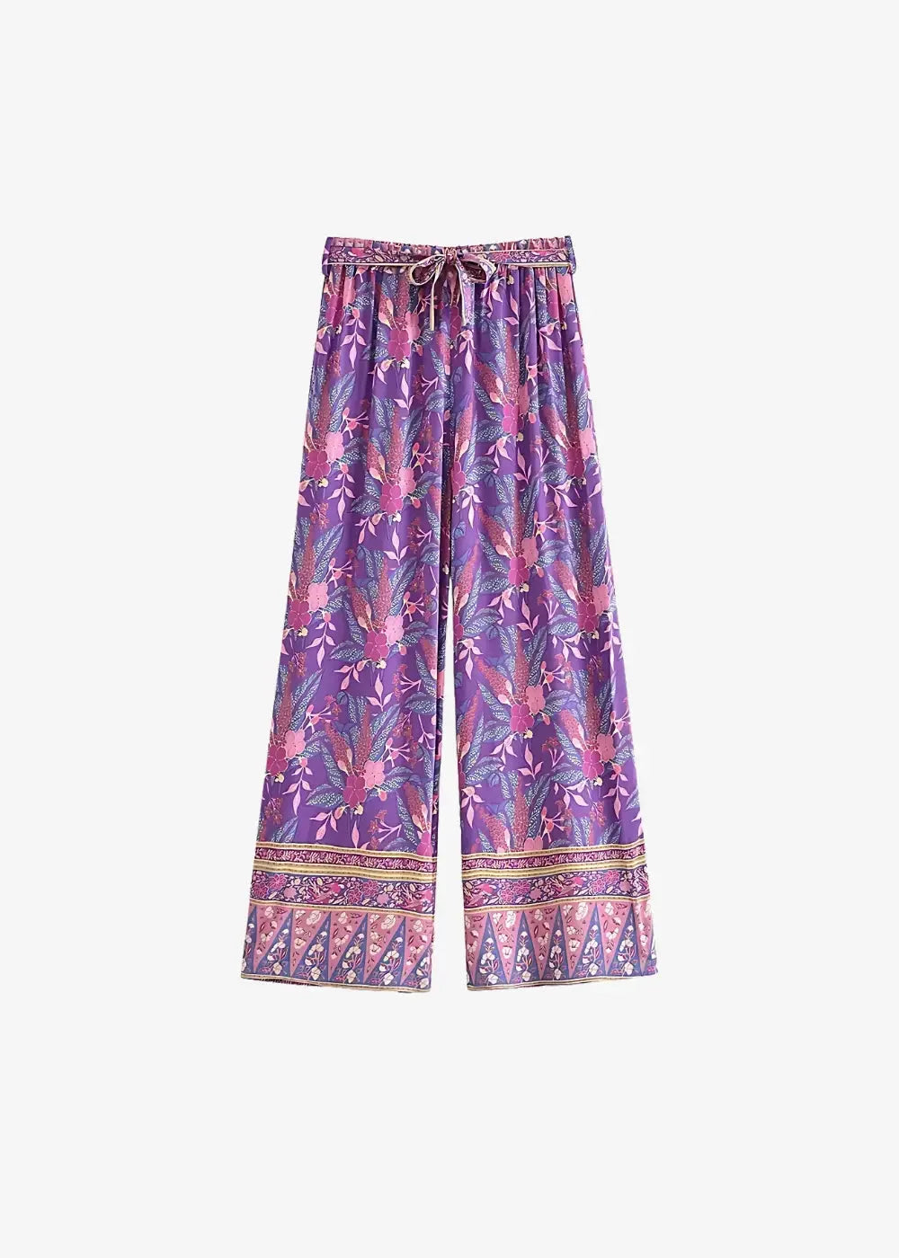 Purple and pink tropical leaf pattern wide-leg kimono pants with drawstring waistband for casual wear