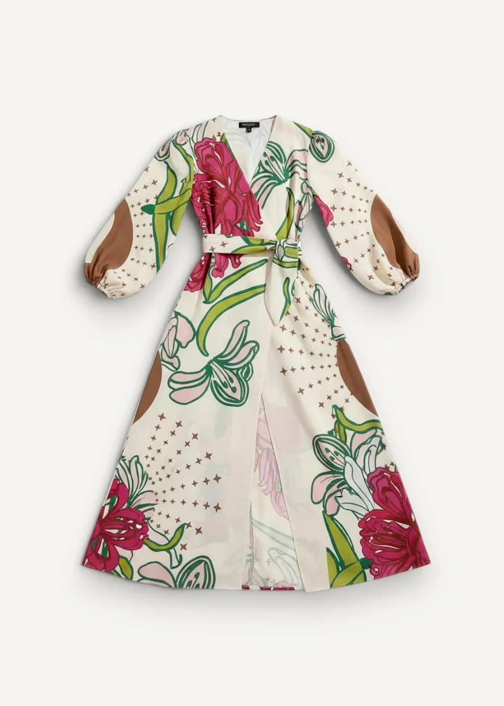 A flowing cream-colored kimono print dress with vibrant pink and green floral pattern and brown elbow patches