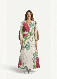 A flowing off-white kimono print dress with bold pink green floral patterns and star accents